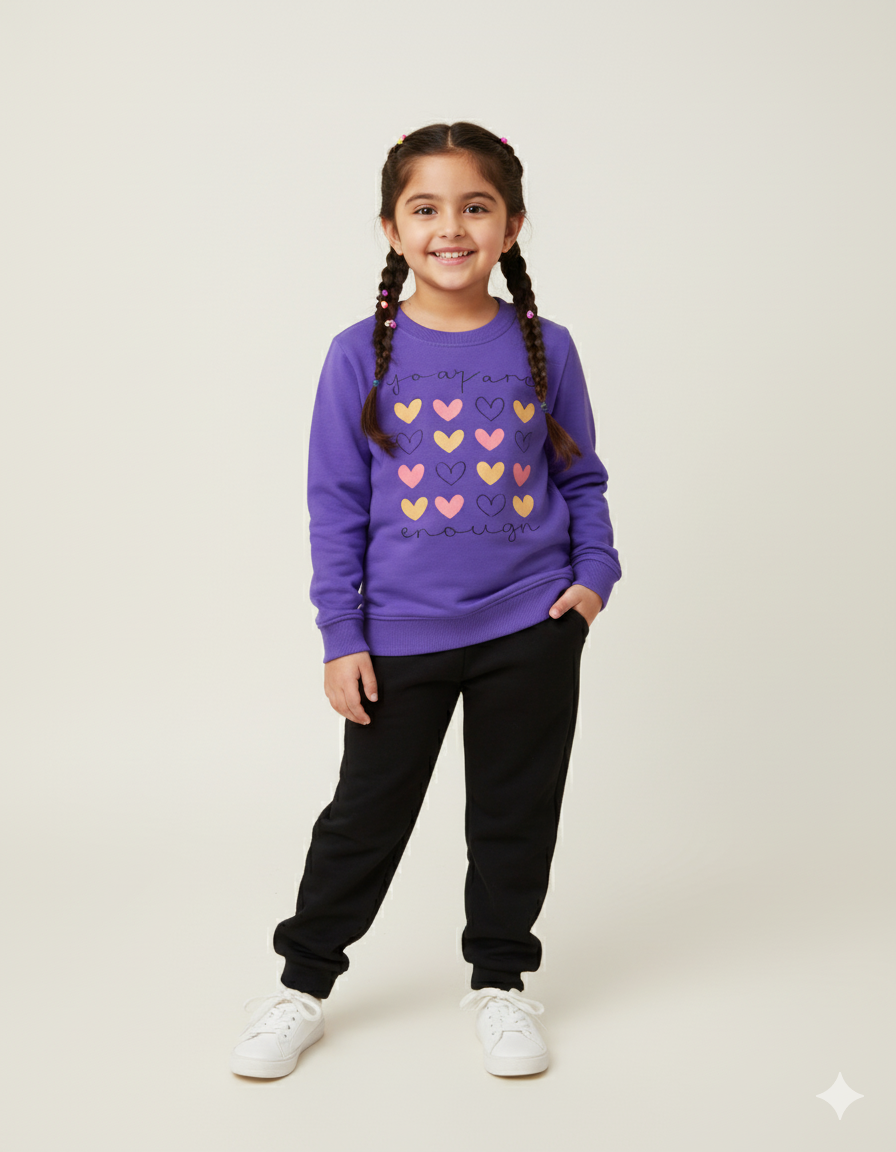 Girls "You Are Enough" Heart Sweatshirt Set - Purple Top with Black Joggers | Mommy Minors